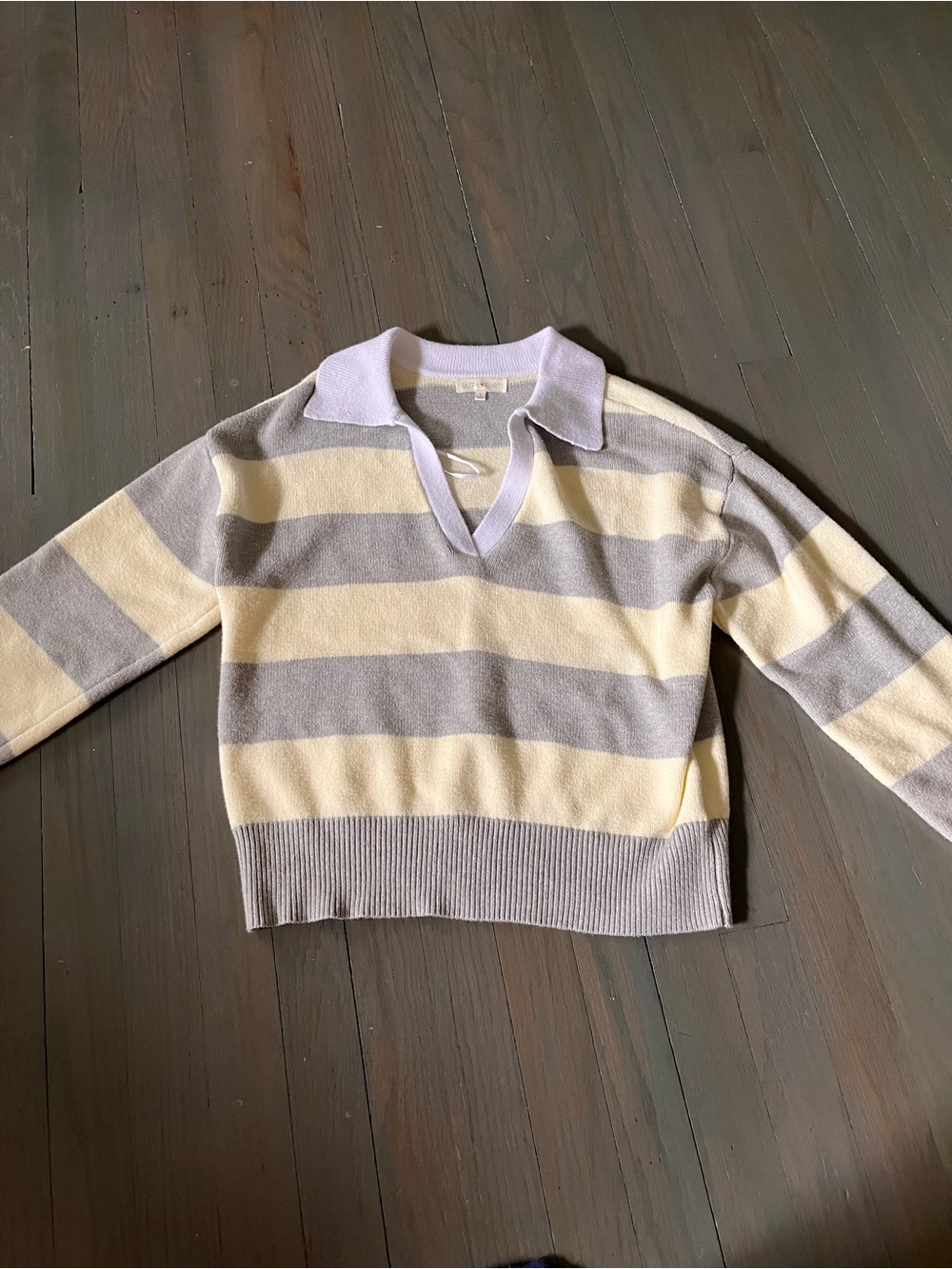 Butter Yellow and Gray Jersey Striped Collared V-Neck Sweater